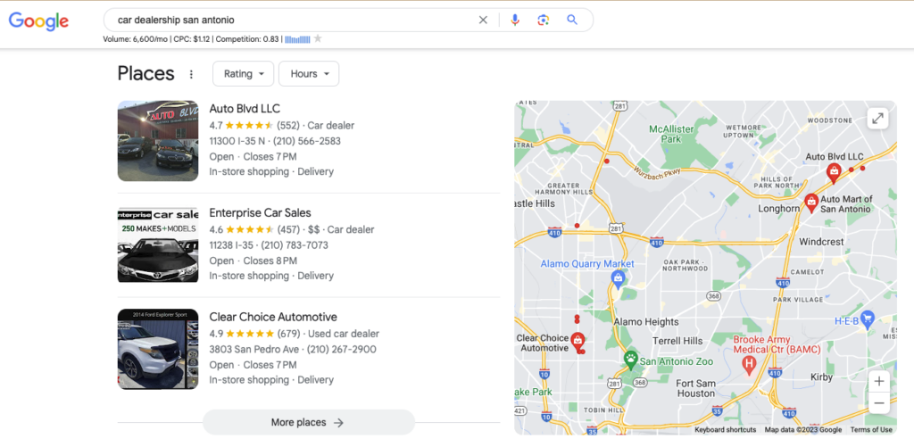 Google Business Profile search results For Car Dealerships