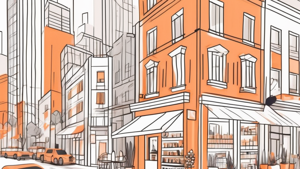 A cityscape with various types of businesses like a cafe